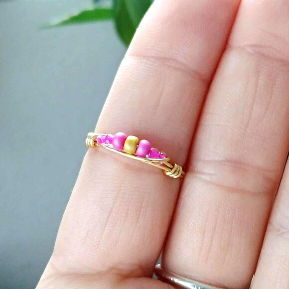 Dainty Stackable Beaded Ring, Wire Wrapped, Minimalist Jewelry, Size 8 - Picture 2 of 2